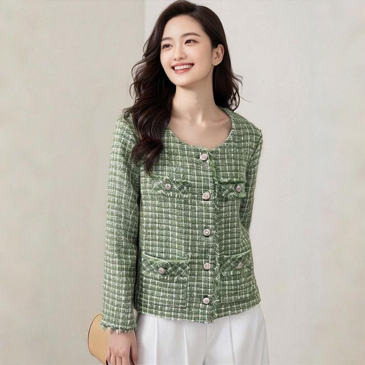 气质出圈复古绿格纹粗花呢圆领单排扣小香风外套女秋季上衣百搭