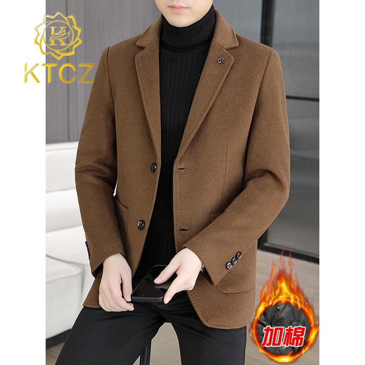 KTCZ高端羊毛呢大衣男士秋冬季新款西服韩版修身帅气时尚外套潮流