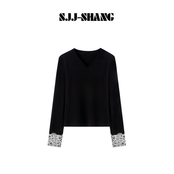 SJJ-SHANG【咖啡枫糖】蕾丝拼接花袖设计感气质长袖T恤q135831p