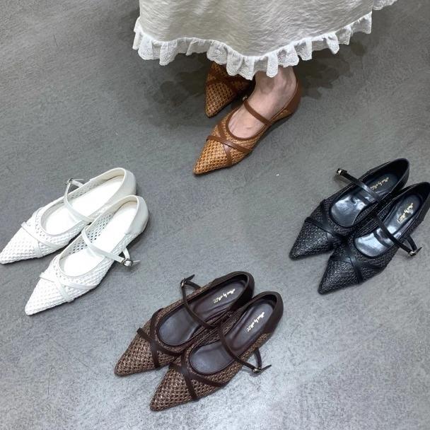 梦梦家 399-26 法式复古编织一字带2024夏秋新内增高尖头浅口单鞋