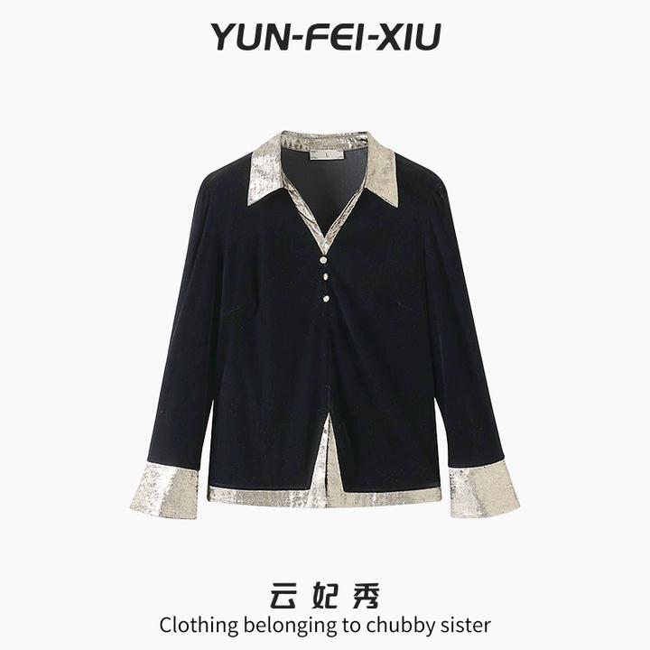 云妃秀大码女装T恤翻领时尚金属装饰宽松显瘦遮肉胖妹妹秋季68685
