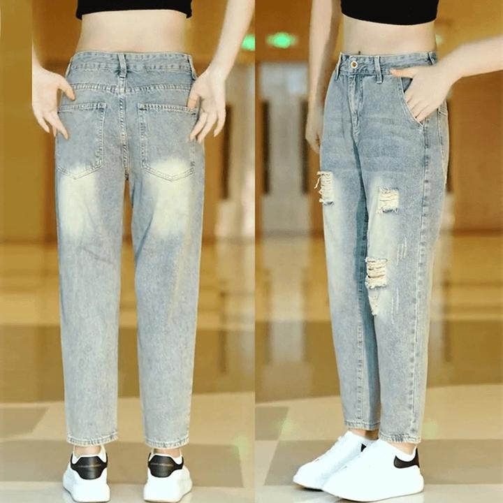 男士牛仔裤破洞九分裤秋季微宽松小直筒复古色百搭休闲九分牛仔裤