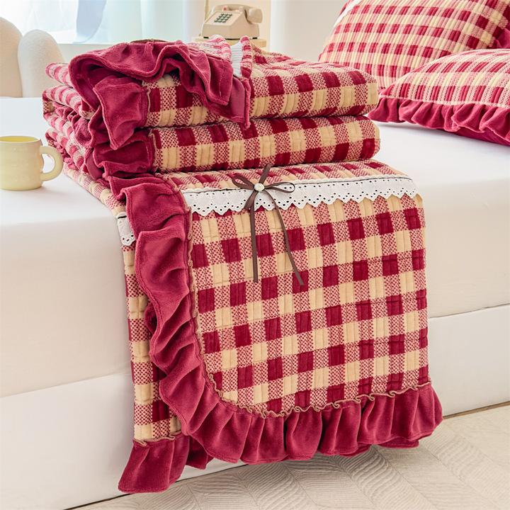 轻奢复古风牛奶绒床盖加厚格子夹棉床单加绒保暖韩版床罩三件套