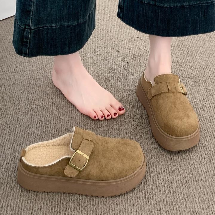 厚底勃肯鞋半拖女2025秋冬新款加绒博肯鞋懒人一脚蹬包头拖鞋外穿