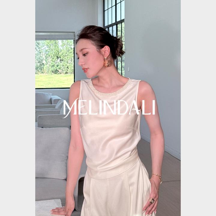 Melinda Li【珍珠缎】优雅通勤凉感醋酸手工钉珠松弛背心阔腿裤套装