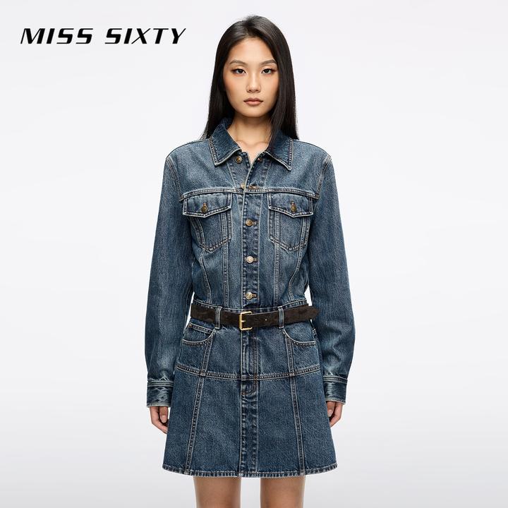 Miss Sixty2025秋季新款棉质牛仔连衣裙女配腰带复古工装单排扣