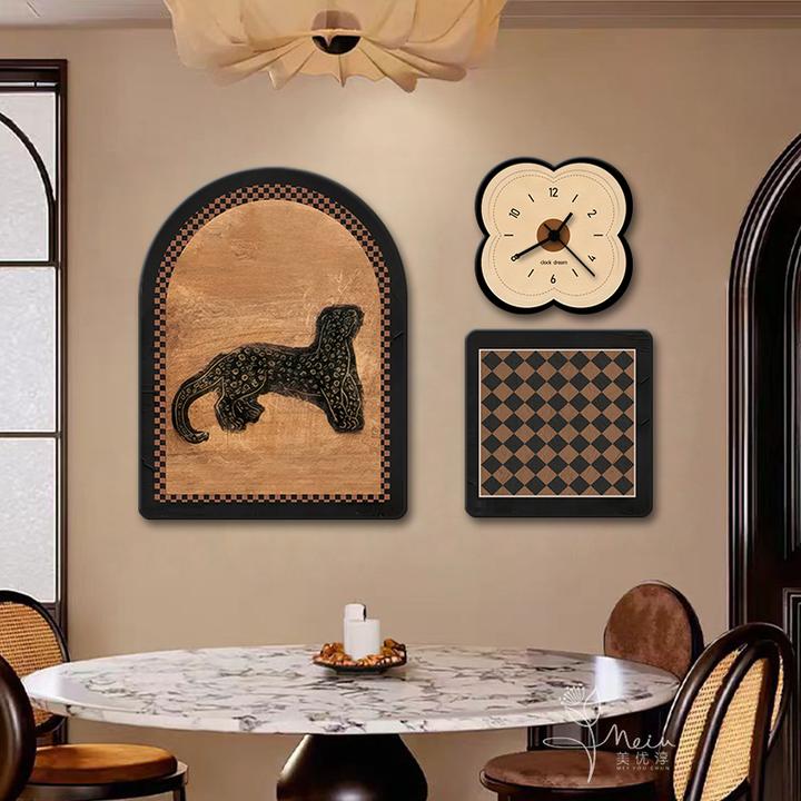 法式中古风餐厅装饰画小众组合饭厅钟表壁画复古饭桌背景墙挂画