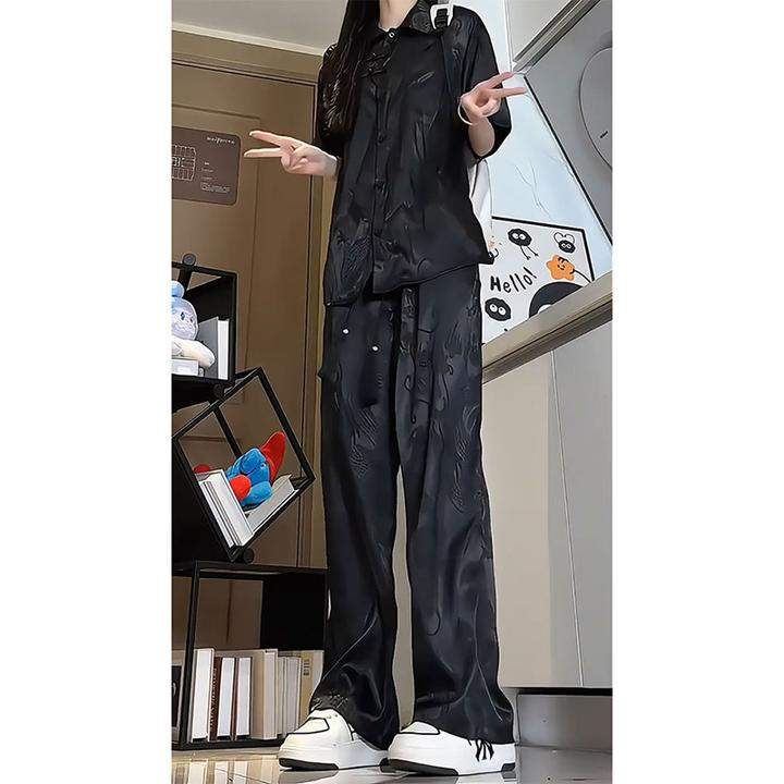 龙纹醋酸缎面冰丝裤子女夏季直筒休闲西装裤新中式女装套装慵懒风