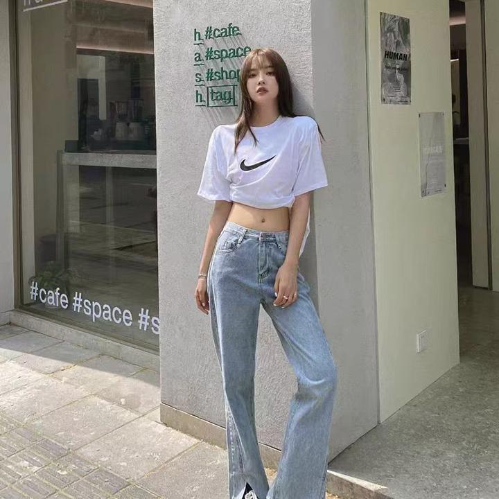 不规则斜扣侧开叉牛仔裤直筒高腰宽松显瘦2024春秋新款休闲