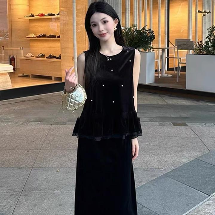 欧洲站时尚拼接网纱马甲百搭打底衫气质长裙套装