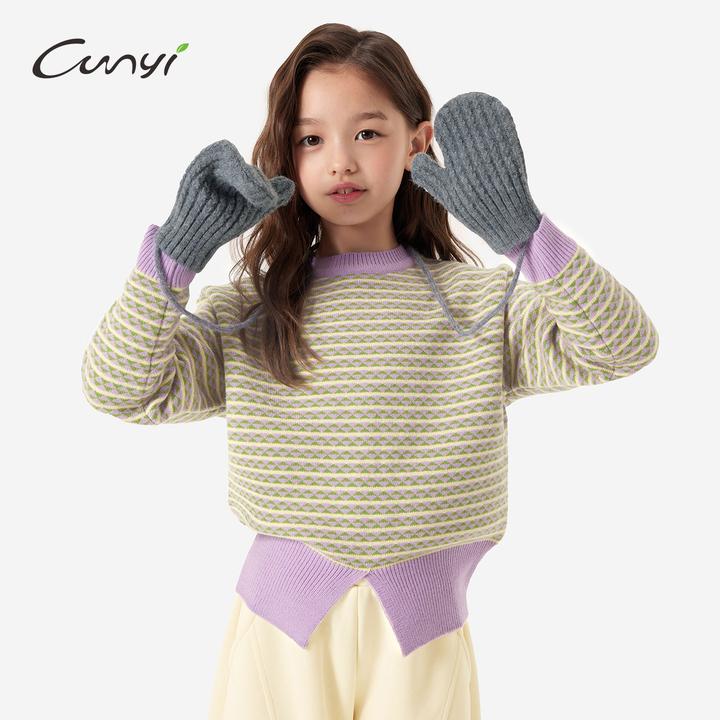纯一良品童装女童针织毛衣2025秋冬中大童复古撞色保暖套头毛衫