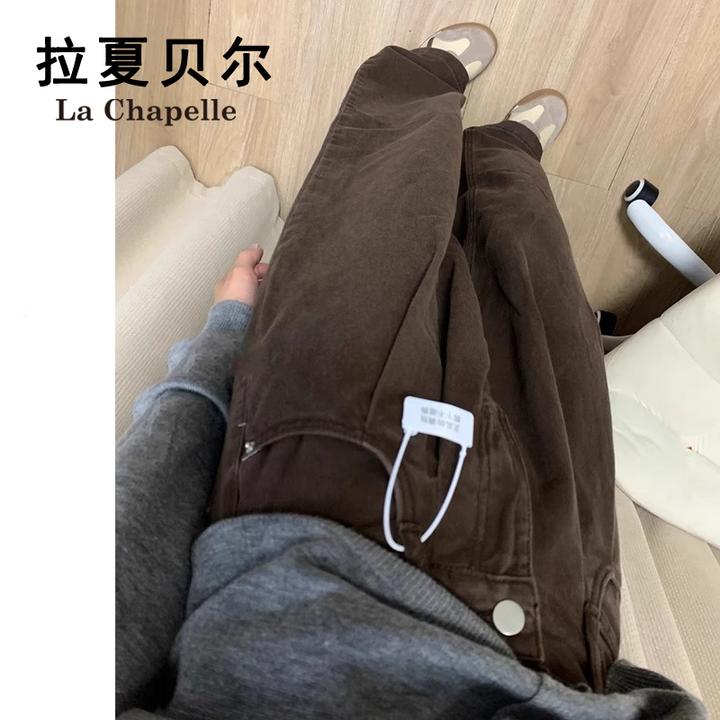 拉夏贝尔美拉德咖色阔腿牛仔裤2025炸街潮款裤子女褶皱显瘦直筒裤