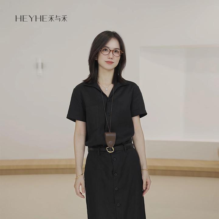 小禾【渔舟】100%平纹亚麻黑色古巴领显瘦百搭短袖衬衫25DMH3