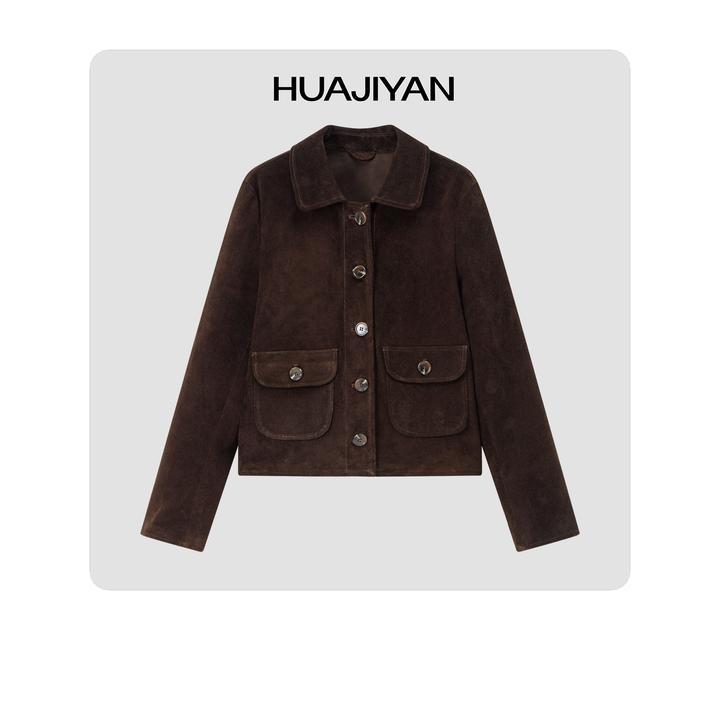 华吉言/HUAJIYAN【布朗尼】头层牛皮绒立裁水牛角扣外套