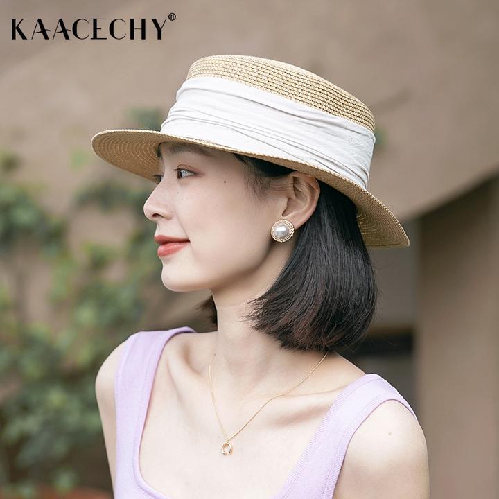 KAACECHY高档遮阳帽帽子女夏季新款防晒草帽手工编织平顶礼帽