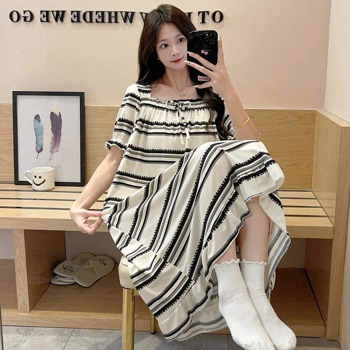 条纹简约风凉感冰丝睡衣女夏季中长款短袖少女薄款家居服夏天睡裙