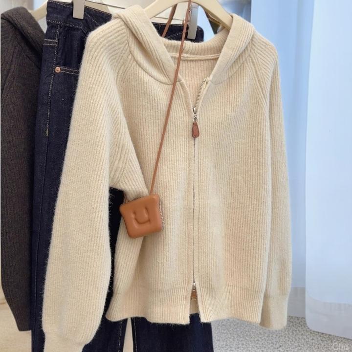 慵懒风软糯连帽衫毛衣2025秋冬新款韩版简约宽松显瘦女针织衫上衣