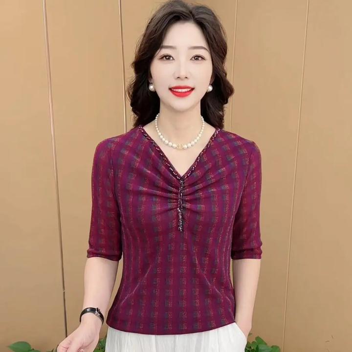 早秋新款时尚V领褶皱串珠设计感弹力显瘦气质百搭女士打底衫K1183