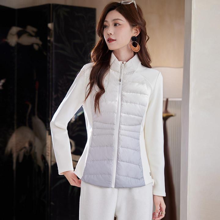 度卡奴立领拼接收腰羽绒服女2026早春气质显瘦轻薄白鸭绒休闲外套