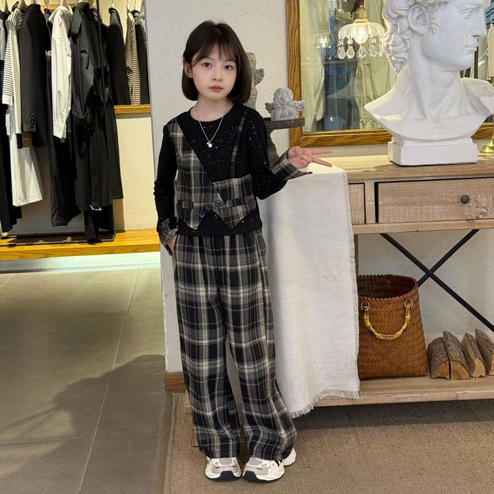 春季新款女童时尚洋气流行格纹圆领别致假两件上衣显瘦裤子套装潮