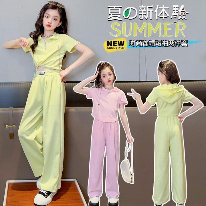 新款女童夏季短袖休闲运动两件套潮酷开衫果绿裤装