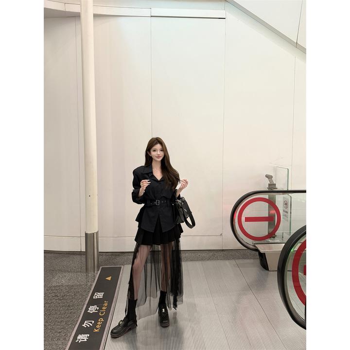 法式气质高级感时尚套装女秋长袖收腰条纹衬衫百褶网纱拼接半身裙