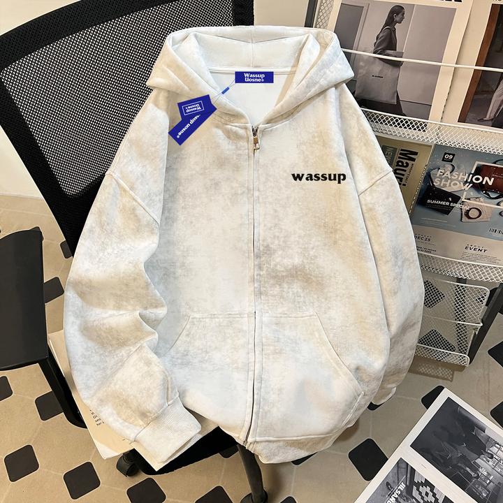 美式潮牌蜡染开衫卫衣男生秋季新款boxy百搭硬挺宽松连帽拉链外套