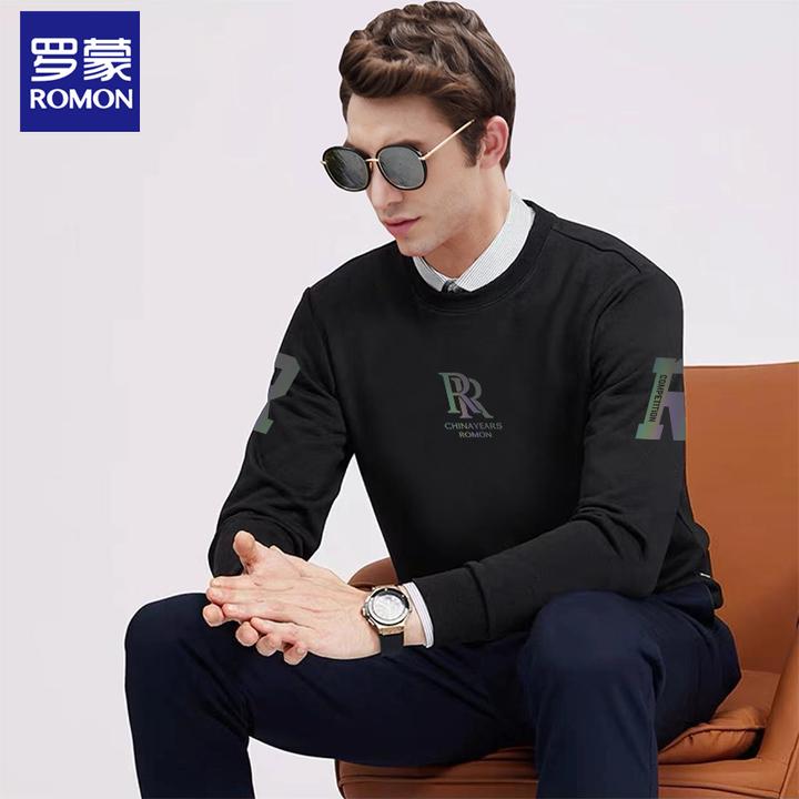Romon/罗蒙卫衣男秋冬季2024新款圆领休闲套头长袖字母印花打底衫