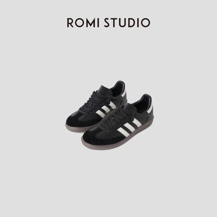 ROMI STUDIO“美式复古”牛反绒拼羊皮撞色耐磨平底德训鞋407L4032