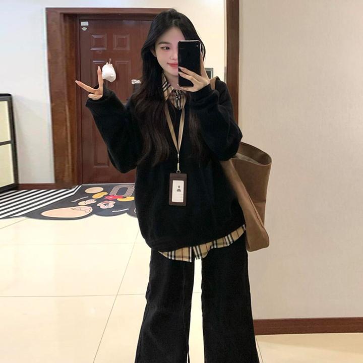 特大码女装格子拼接假两件卫衣女胖mm秋季简约松弛感学生翻领上衣