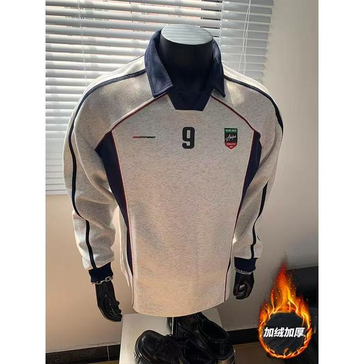 男士加绒卫衣运动风数字拼接polo领设计感球衣打底机车服长袖上衣