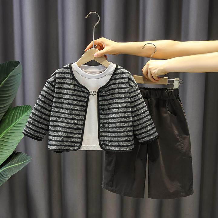童装男童秋装套装儿童洋气条纹开衫三件套小童宝宝春秋款休闲衣服