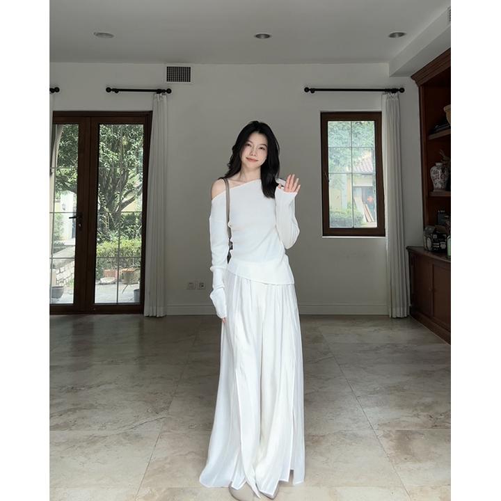 郭九九呢 羊毛温柔斜肩一字肩毛衣上衣阔腿荷叶边长裤 G925A13158