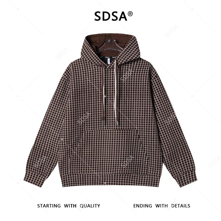 SDSA男士秋冬新款痞帅男装撞色格纹格子设计抽绳连帽卫衣复古百搭