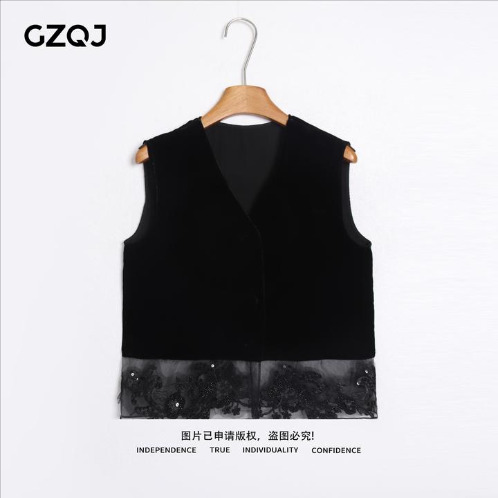 老琴私服【V领拼接真丝丝绒马甲】欧若风气质单排扣马甲女背心6064