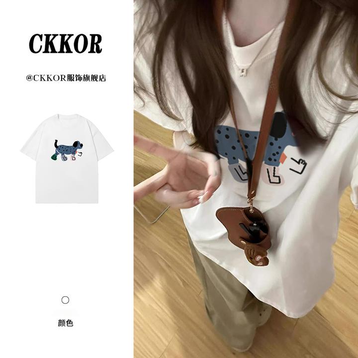 CKKOR韩版慵懒风夏季百搭ins风小众款圆领设计感印花宽松T恤