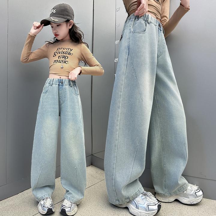 女童阔腿牛仔裤春秋季儿童中大童装新款2025小女孩裤子F6高腰显瘦