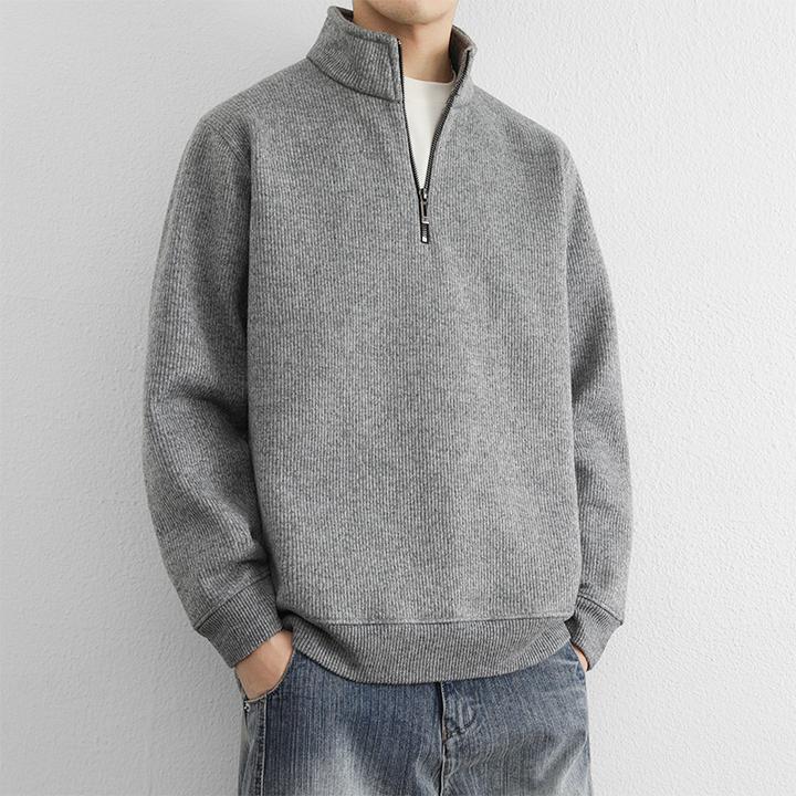 老钱风高端半拉链立领浅灰色毛衣男冬天内搭针织衫高级感线衣外套