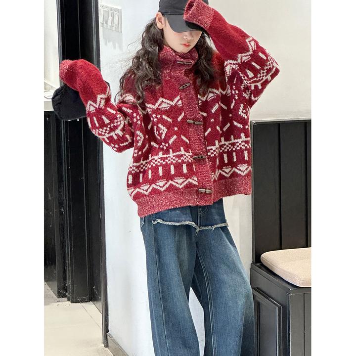 K30433孙小美红色女童高领针织开衫外套秋冬装儿童加厚毛衣新年