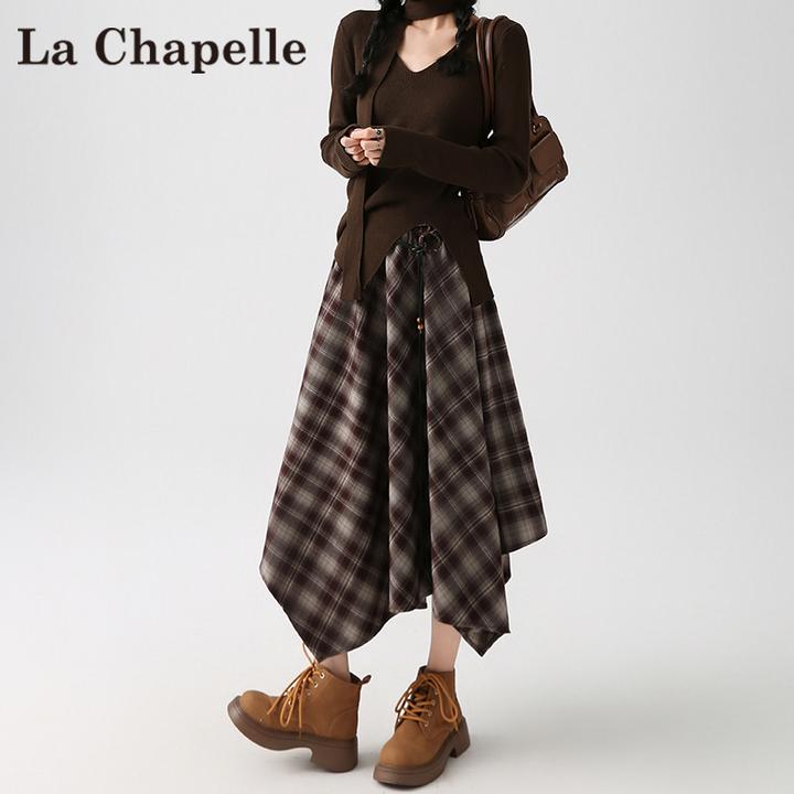 拉夏贝尔不规则复古格子半身裙女秋季2025新款高腰垂感格纹a字裙