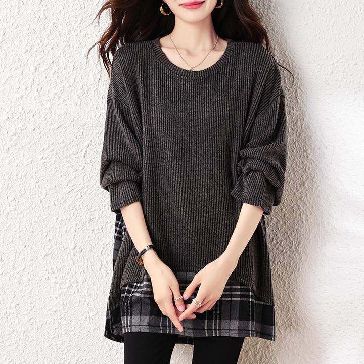 格子拼接上衣春秋宽松百搭大码时尚女装遮肚子内搭打底衫长袖T恤