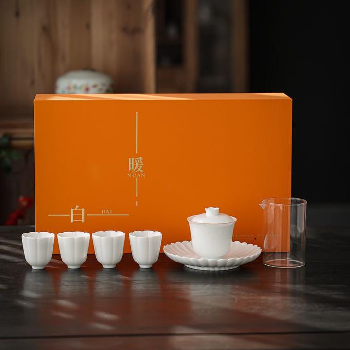 甜白白瓷功夫茶具套装家用羊脂玉瓷泡茶盖碗茶壶茶杯陶瓷礼盒礼盒