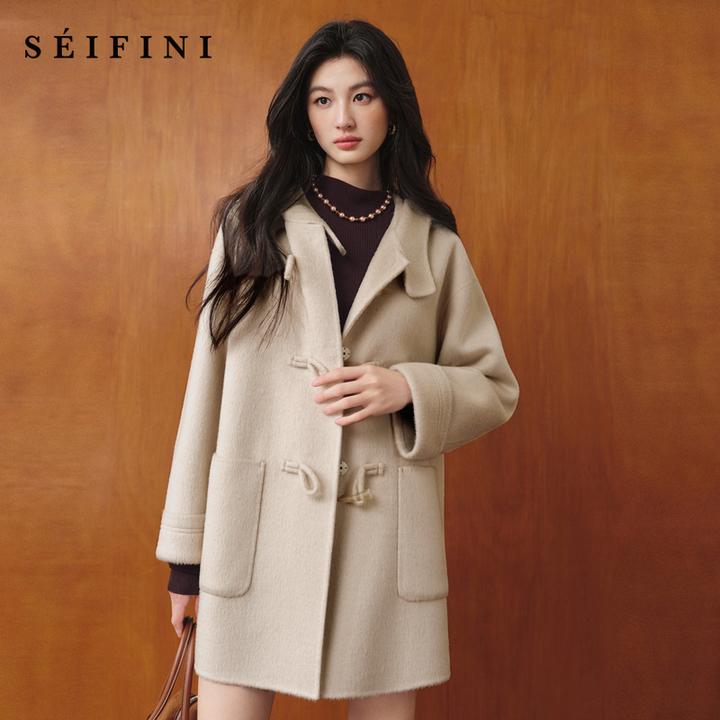 【牛角可颂大衣】诗凡黎英伦双面呢外套含牛绒连帽大衣7G9370761