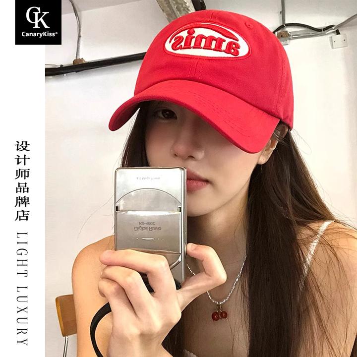 Canary Kiss韩国ins红色棒球帽女秋季百搭大头围显脸小软顶鸭舌帽