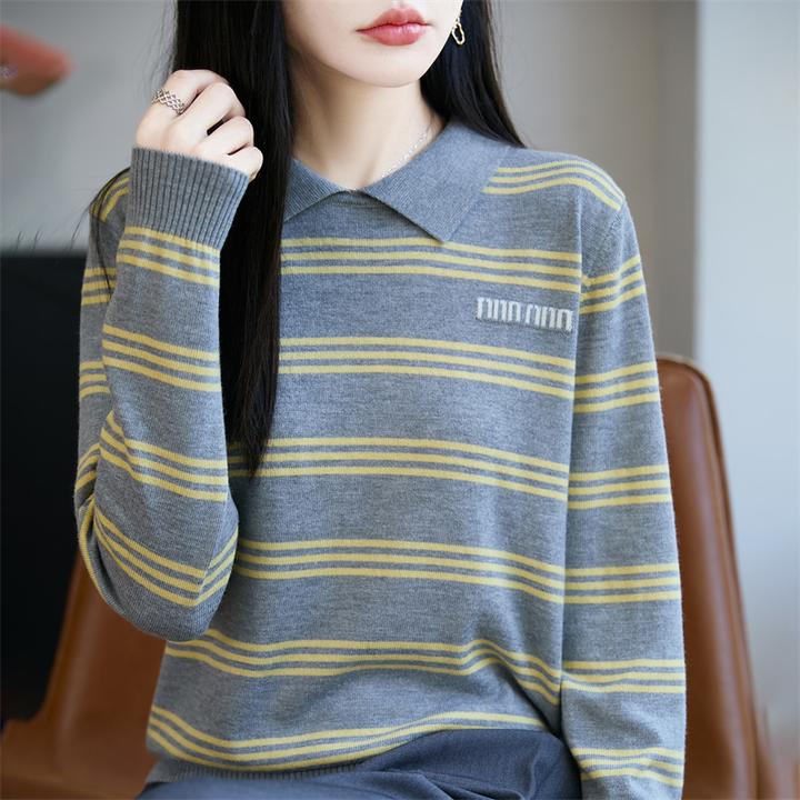 【时尚条纹撞色！】精纺羊毛 秋冬季新款女装POLO领套头款时尚百搭款