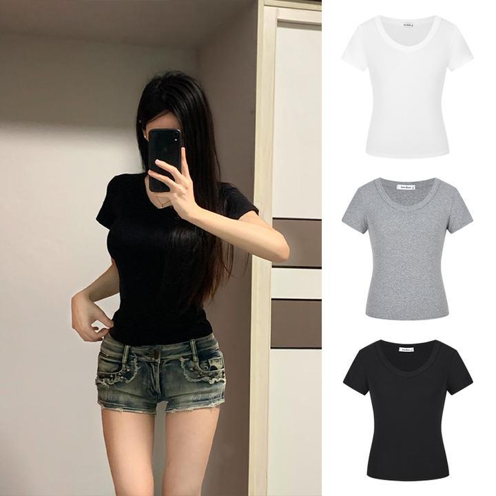 Moses Queen/魔西女王基础款正肩V领修身上衣掐腰显瘦百搭短袖T恤