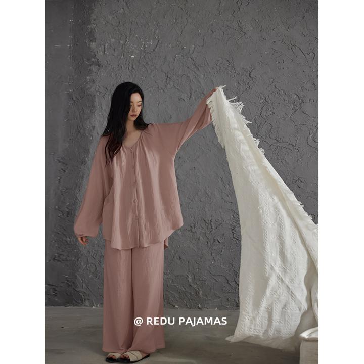 【多色】热妒睡衣女春秋纯棉纱布带胸垫开衫纯色家居服套装