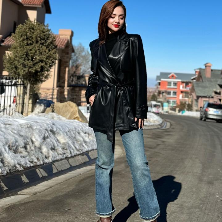 MUBINE 爆款时尚百搭复古配腰带气质短风衣皮外套 2443