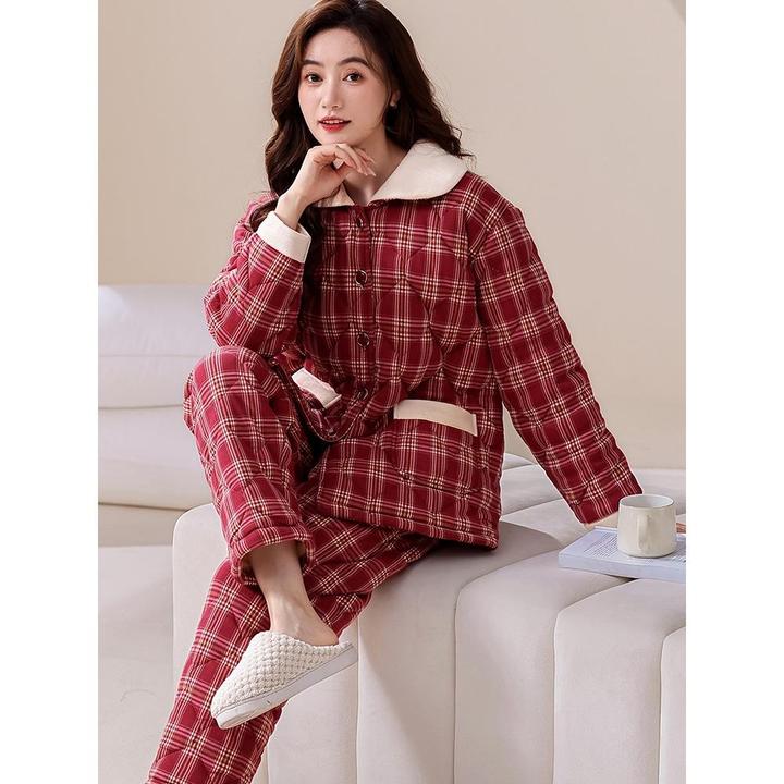 睡衣女士棉质三层夹棉冬季长袖加厚保暖棉袄纯色大码可外穿家居服