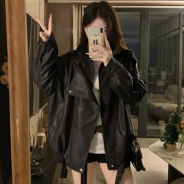 黑色pu皮衣翻领外套女秋季高级感小个子美式复古气质拉链机车夹克